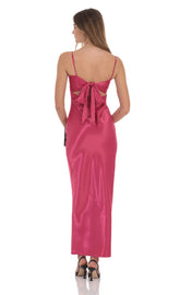 Satin Back Tie Maxi Dress in Magenta